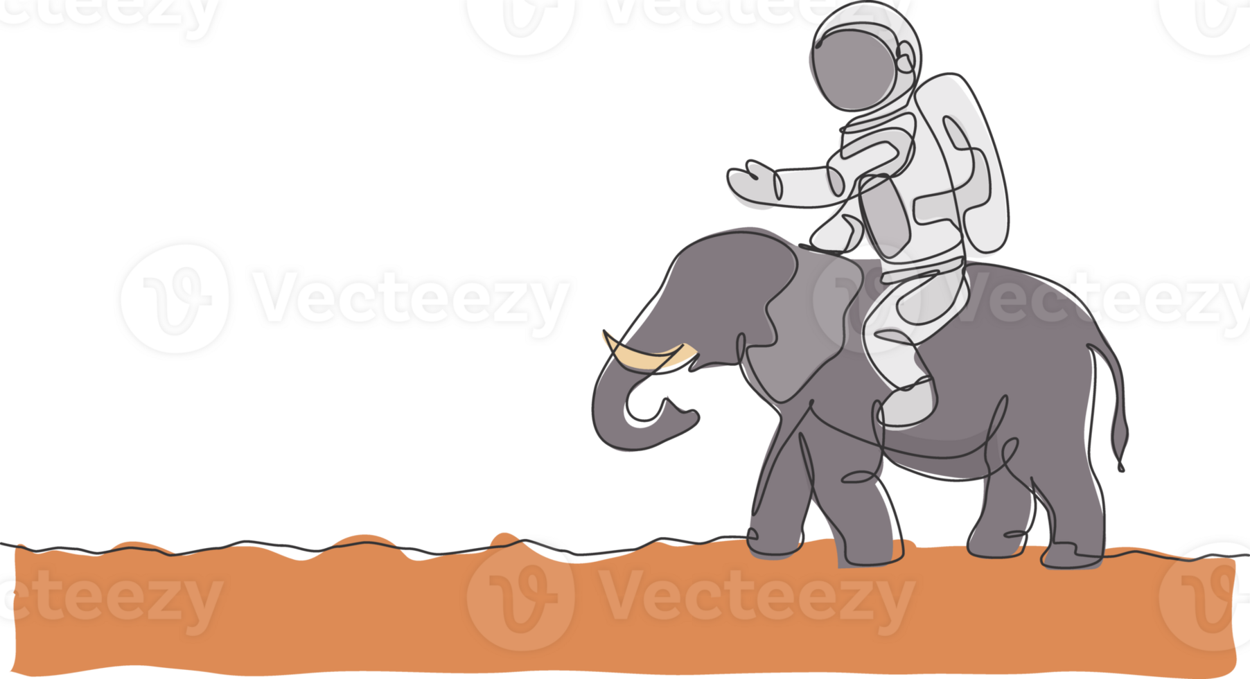 One continuous line drawing of cosmonaut with spacesuit riding Aisan elephant, wild animal in moon surface. Astronaut zoo safari journey concept. Trendy single line draw design illustration png