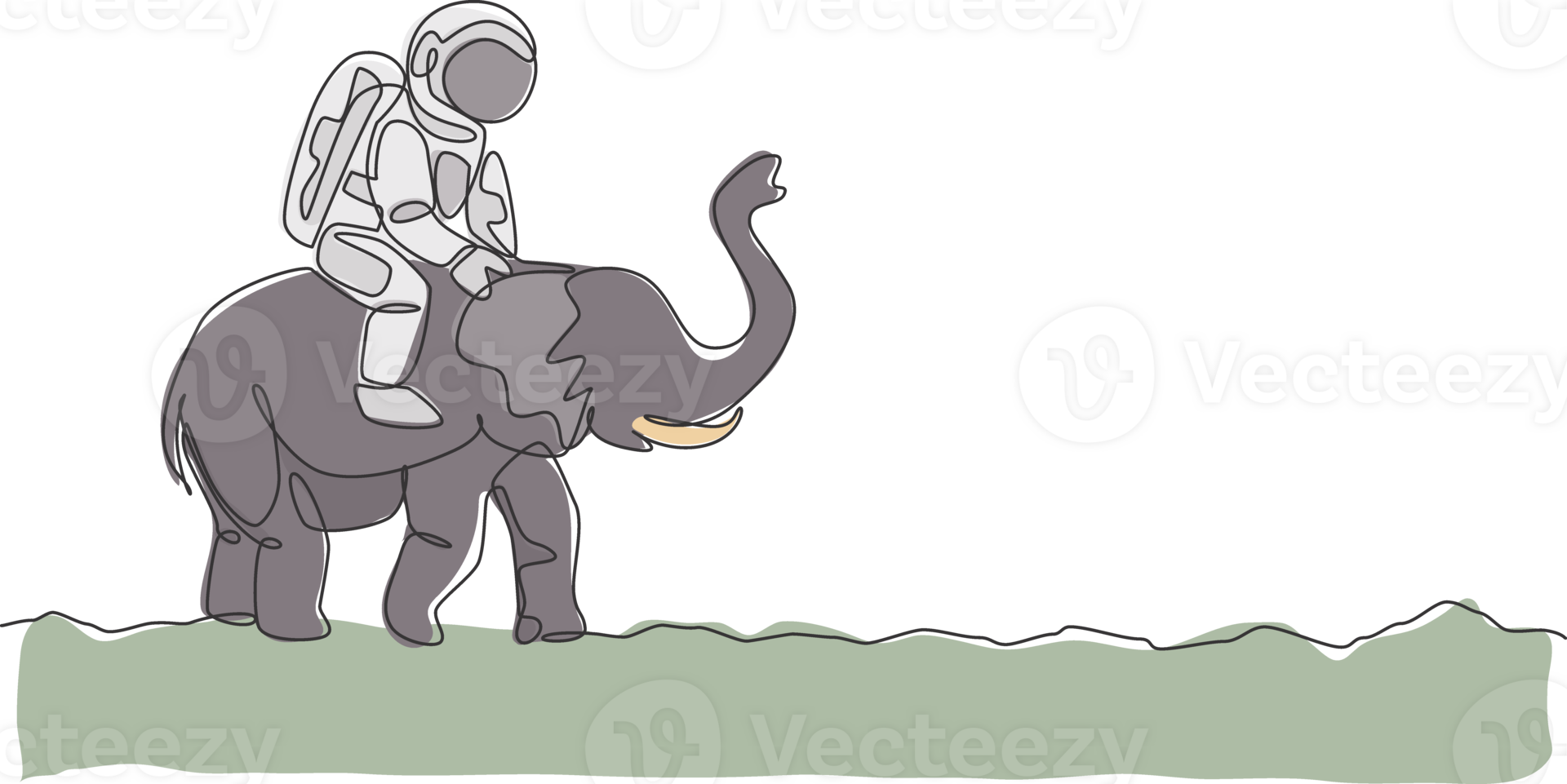 Single continuous line drawing of cosmonaut with spacesuit riding Asian elephant, wild animal in moon surface. Fantasy astronaut safari journey concept. Trendy one line draw design illustration png