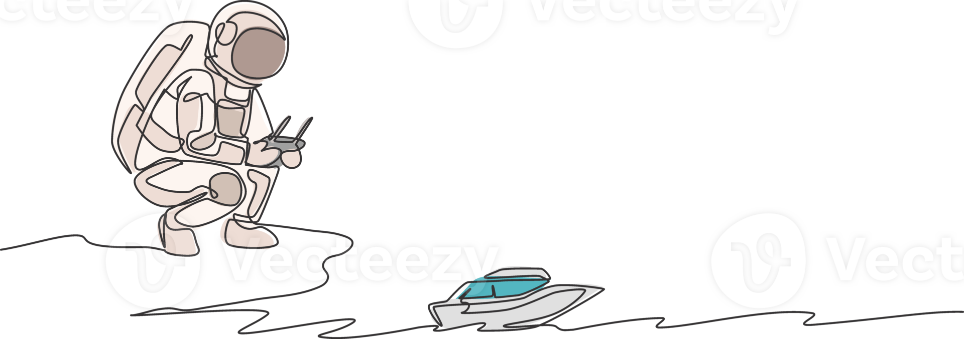 One single line drawing of astronaut playing speed boat radio control in moon land graphic illustration. Doing hobby while leisure time in deep space concept. Modern continuous line draw design png