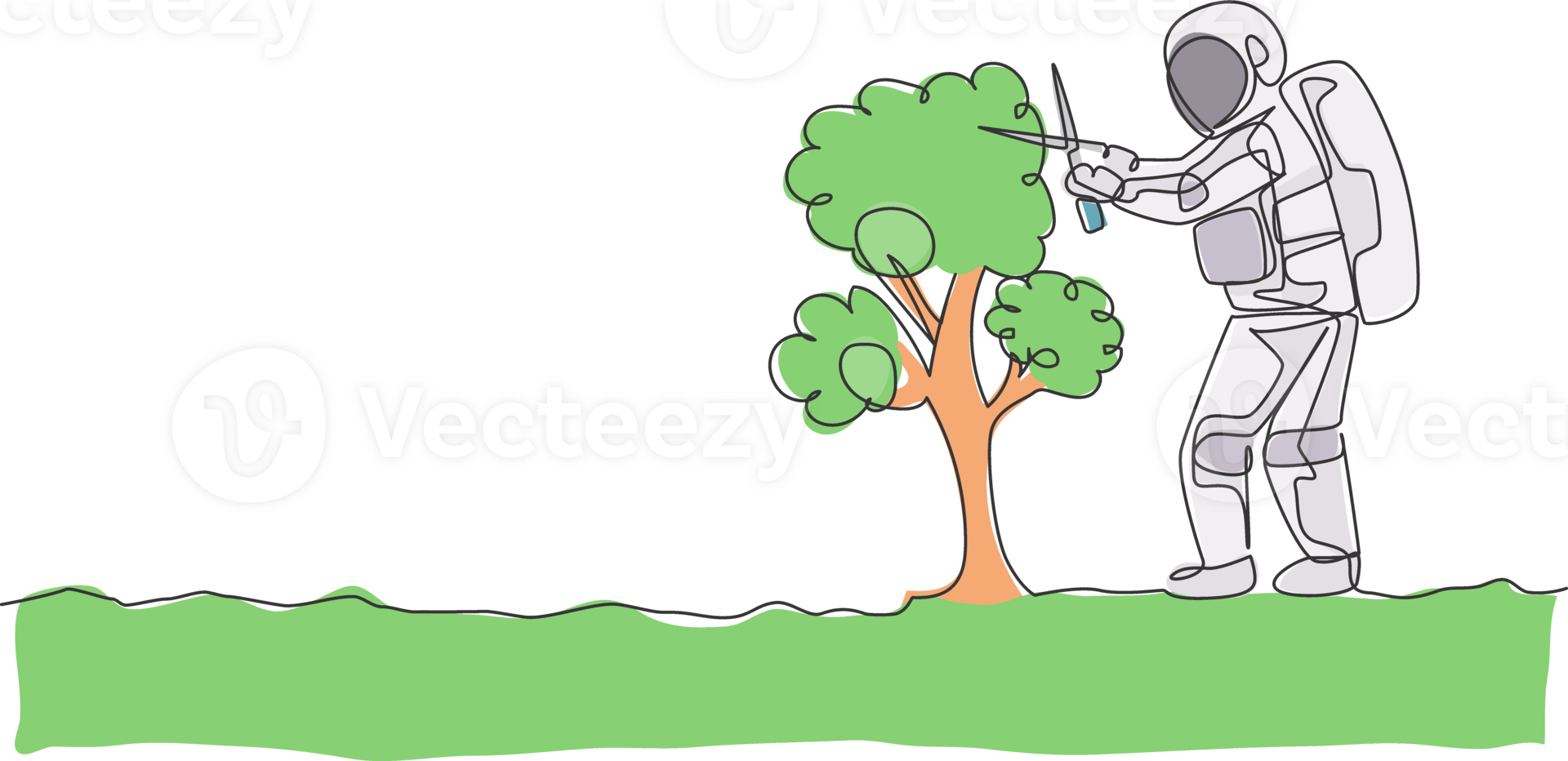 One continuous line drawing of spaceman cutting tree leaf using gardening scissor in moon surface. Deep space gardening astronaut concept. Dynamic single line draw design graphic illustration png