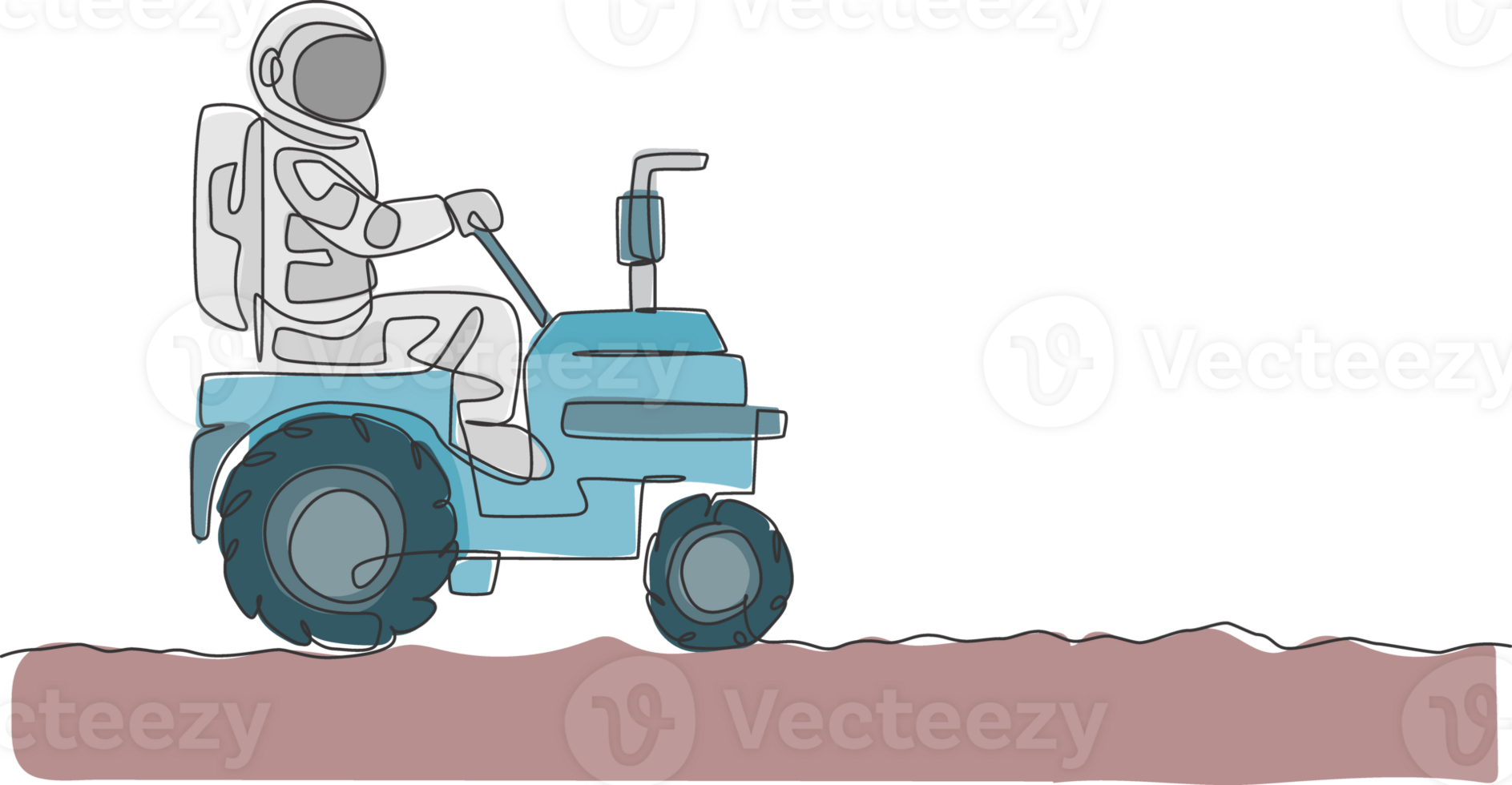 Single continuous line drawing of cosmonaut riding tractor to leveling and flattening the ground in moon surface. Galaxy astronaut farming life concept. Trendy one line draw design illustration png