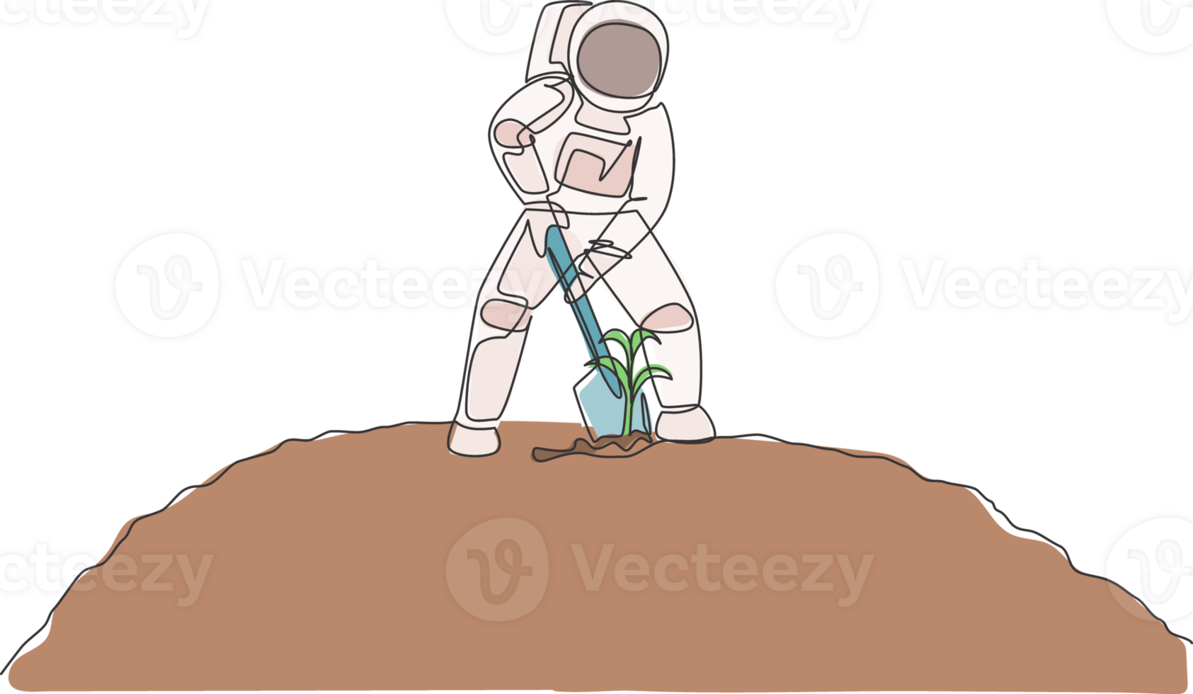Single continuous line drawing of cosmonaut digging up soil using metal shovel in moon surface. Galaxy astronaut farming life concept. Trendy one line draw design graphic illustration png