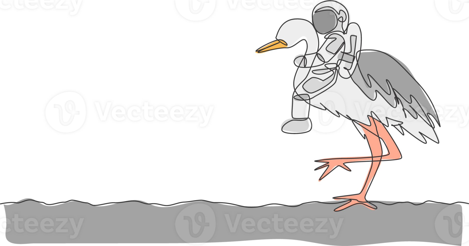 One continuous line drawing of spaceman take a walk riding a heron bird, wild animal in moon surface. Deep space safari journey concept. Dynamic single line draw graphic design illustration png