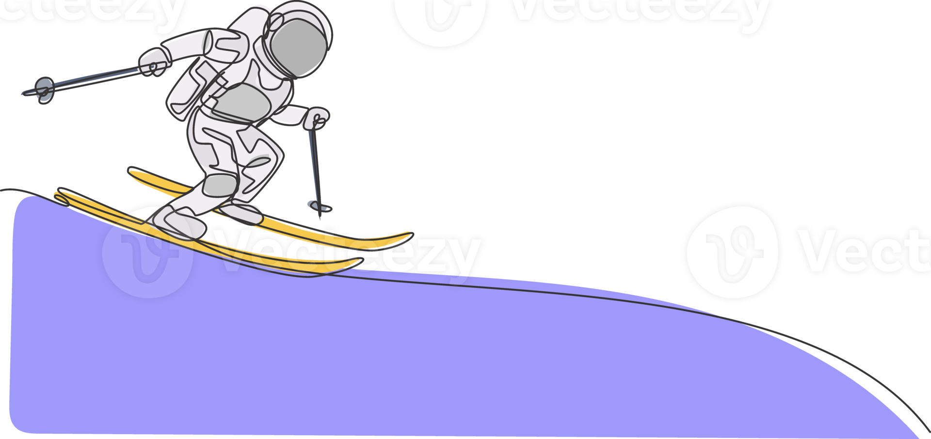 One continuous line drawing of astronaut skiing in deep space galaxy. Spaceman healthy fitness sport concept. Dynamic single line draw design graphic illustration png