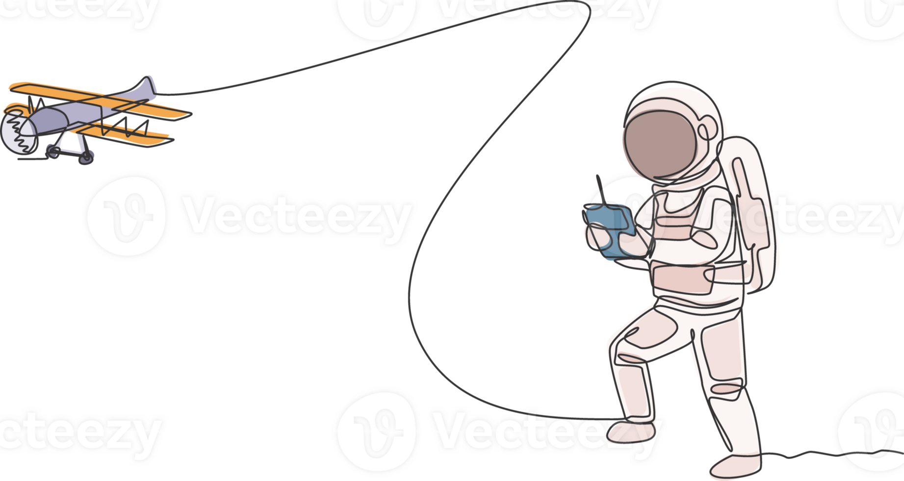 Single continuous line drawing of astronaut playing airplane radio control in moon surface. Having fun in leisure time on outer space concept. Trendy one line draw design illustration graphic png