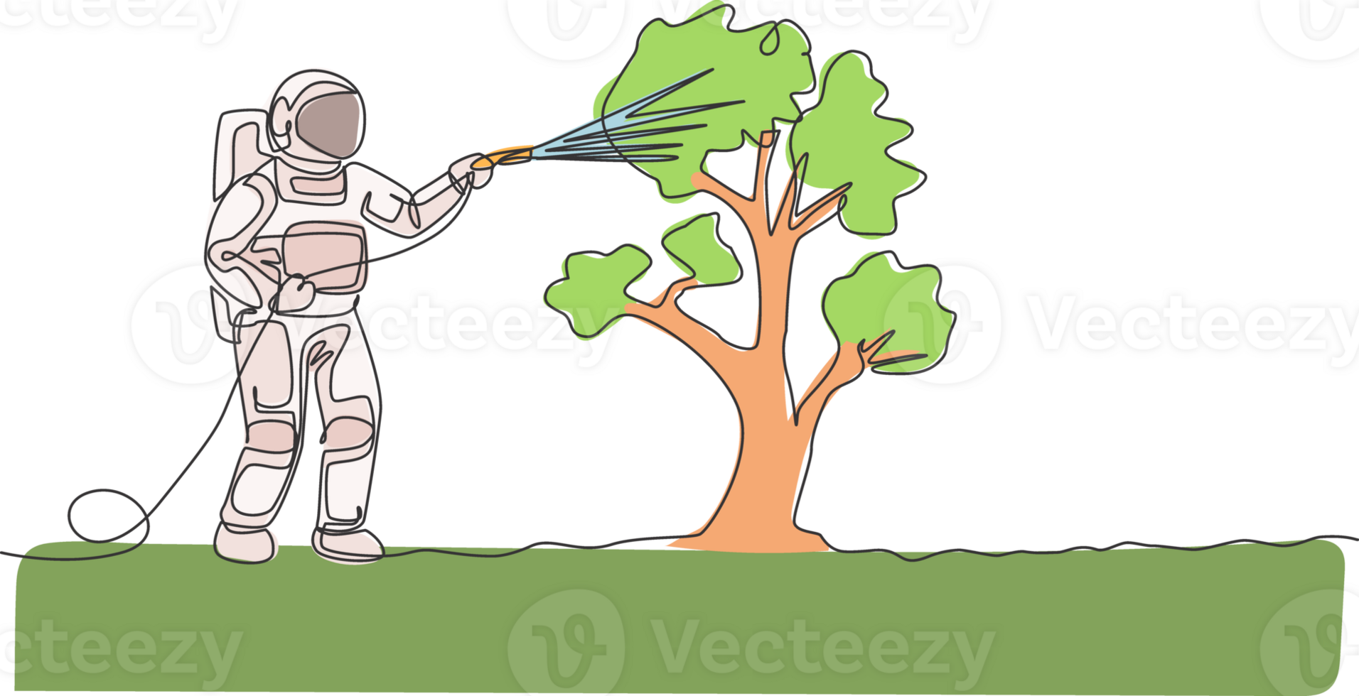 One continuous line drawing of spaceman watering plant tree using metal plastic hose in moon surface. Deep space farming astronaut concept. Dynamic single line draw design graphic illustration png