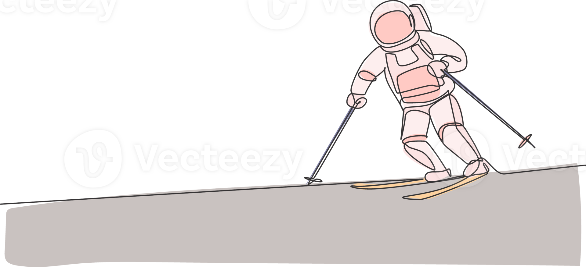 Single continuous line drawing of astronaut exercise skiing on moon surface, outer deep space. Space astronomy galaxy sport concept. Trendy one line draw graphic design illustration png