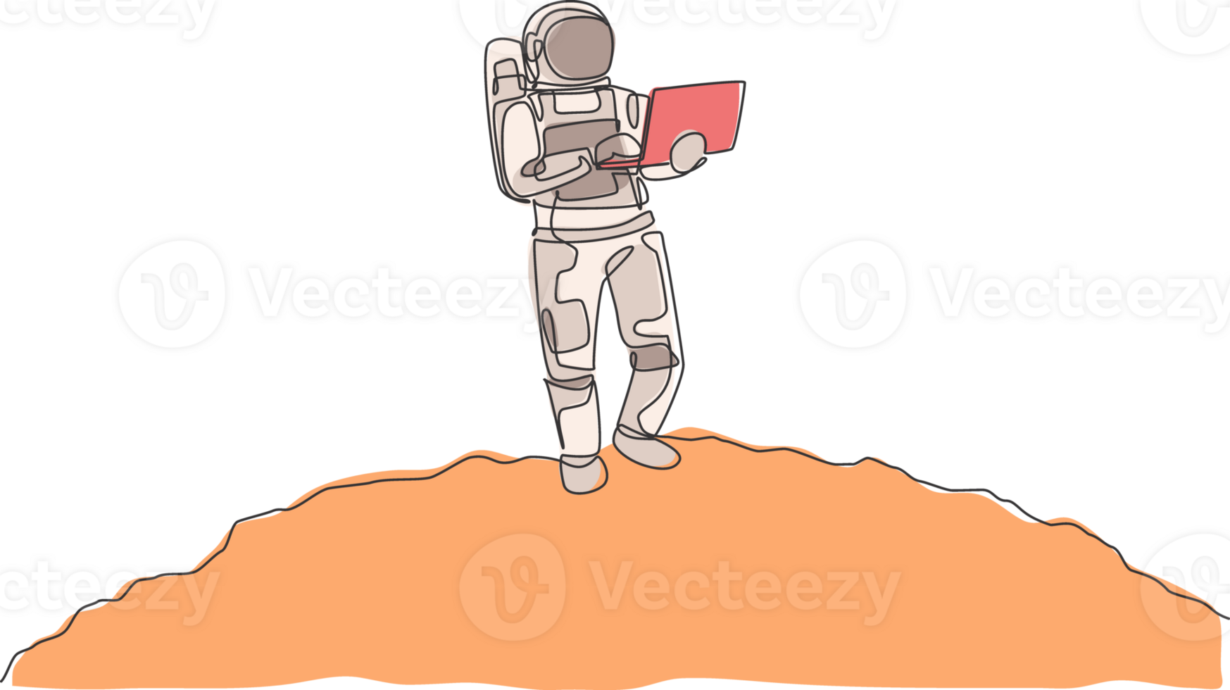 Single continuous line drawing of astronaut standing in moon surface while typing using laptop. Business office with galaxy outer space concept. Trendy one line draw design graphic illustration png