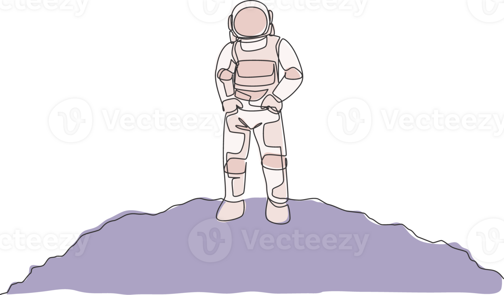 One continuous line drawing of young spaceman on spacesuit put hands in pockets in moon surface. Astronaut business office with deep space concept. Dynamic single line draw design illustration png