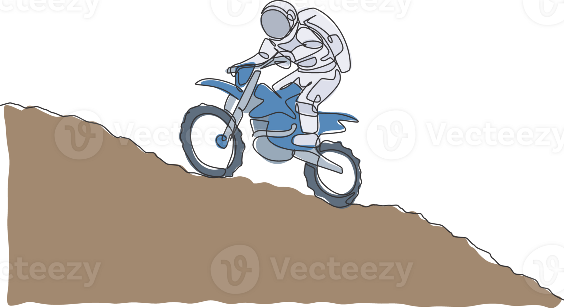 Single continuous line drawing of astronaut exercise motocross trick on moon surface. Space astronomy galaxy sport concept. Trendy one line draw design graphic illustration png