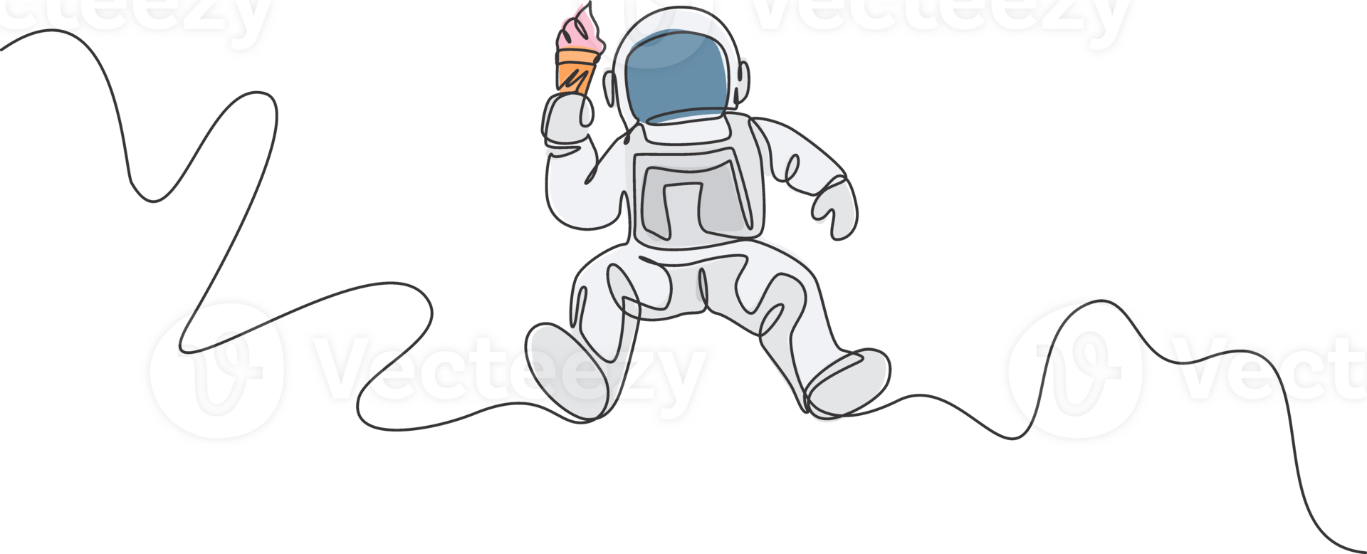 uno continuo línea dibujo de cosmonauta volador y comiendo dulce frío cono Leche hielo crema en galáctico. fantasía exterior espacio astronauta vida concepto. dinámica soltero línea dibujar diseño ilustración png