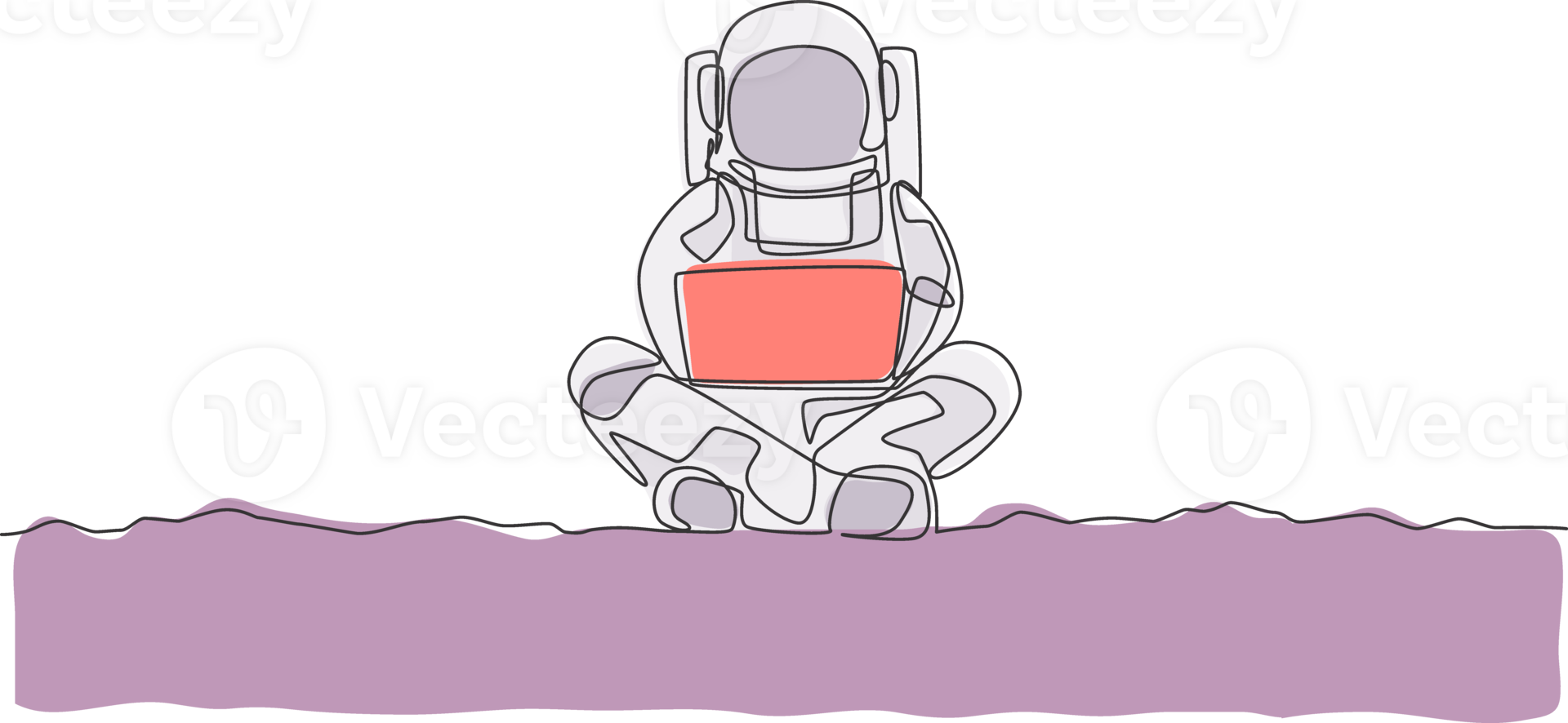 One continuous line drawing of young spaceman on spacesuit sitting in moon surface while typing. Astronaut business office with deep space concept. Dynamic single line draw design illustration png