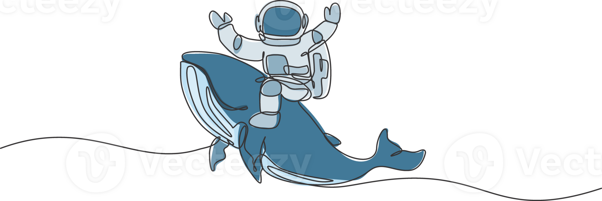 One single line drawing of astronaut riding blue whale, giant mammal animal in galaxy nebula illustration. Cosmonaut journey concept. Modern continuous line draw graphic design png