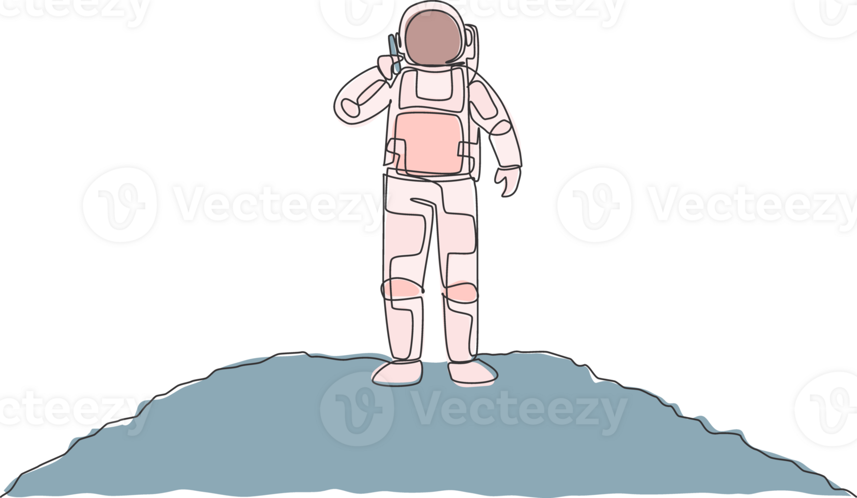 One single line drawing of cosmonaut calling his partner using smartphone in moon surface illustration. Astronaut business office with outer space concept. Modern continuous line draw design png