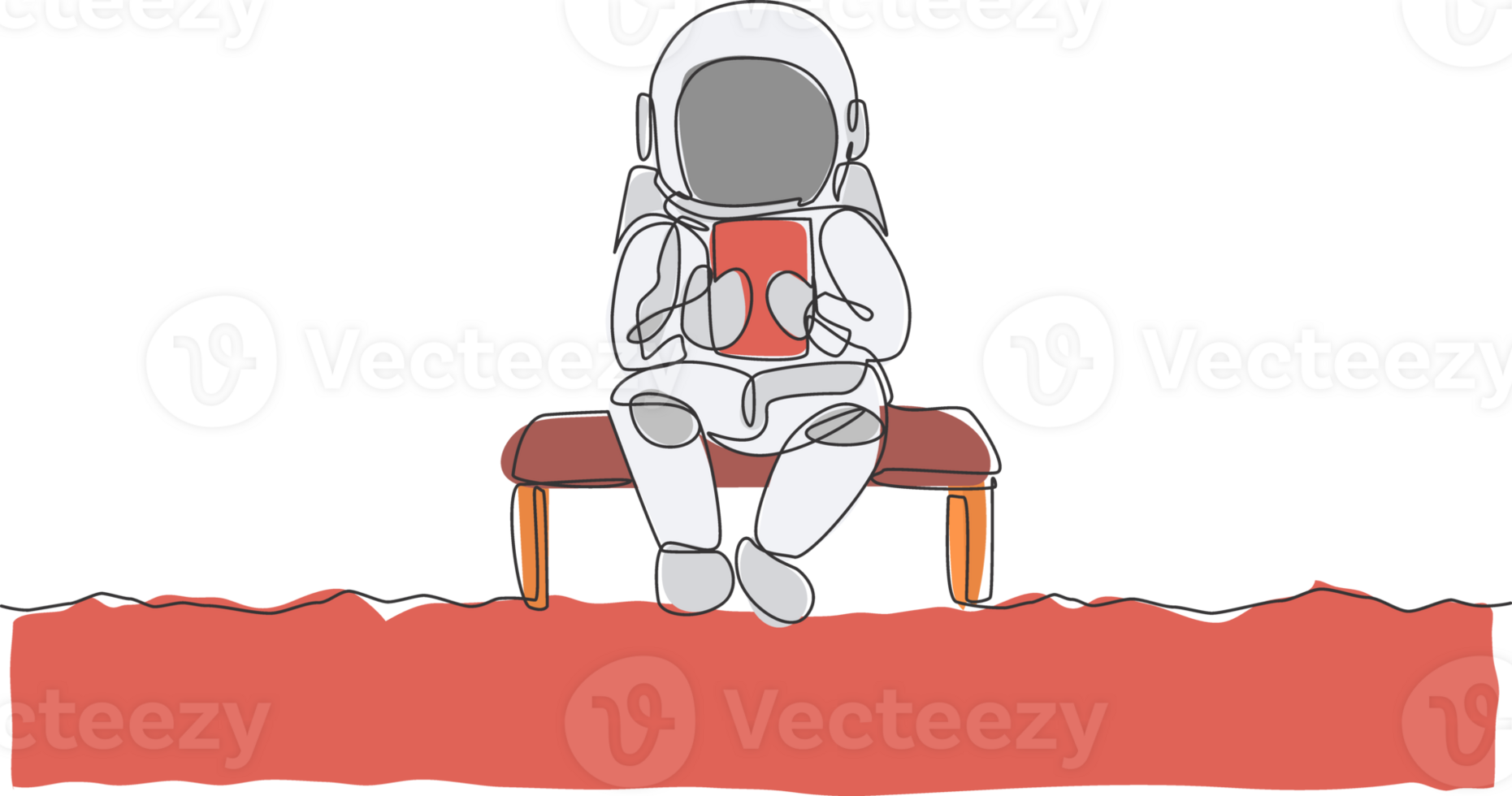 Single continuous line drawing of astronaut siting relax on chair while reading news in tablet phone. Business office with galaxy outer space concept. Trendy one line draw design illustration png