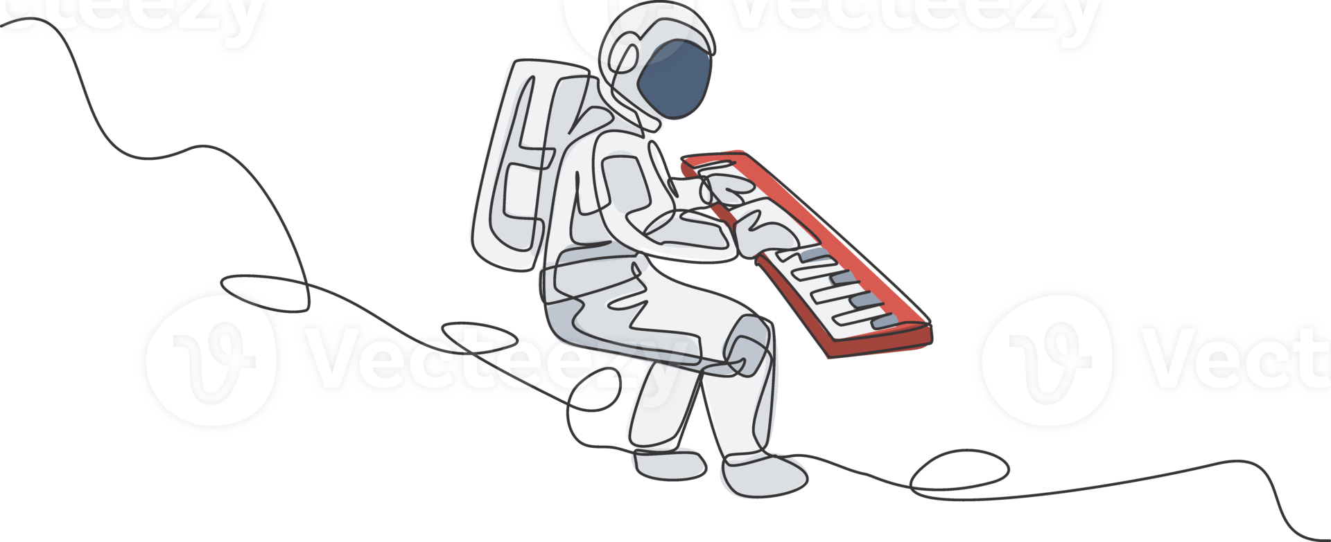 One single line drawing of spaceman playing keyboard musical instrument in deep space graphic illustration. Music concert poster with space astronaut concept. Modern continuous line draw design png