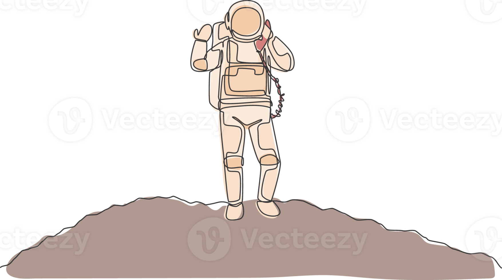 single doorlopend lijn tekening van astronaut in maan oppervlakte roeping met telefoon satelliet. bedrijf kantoor met heelal buitenste ruimte concept. modieus een lijn trek grafisch ontwerp illustratie png