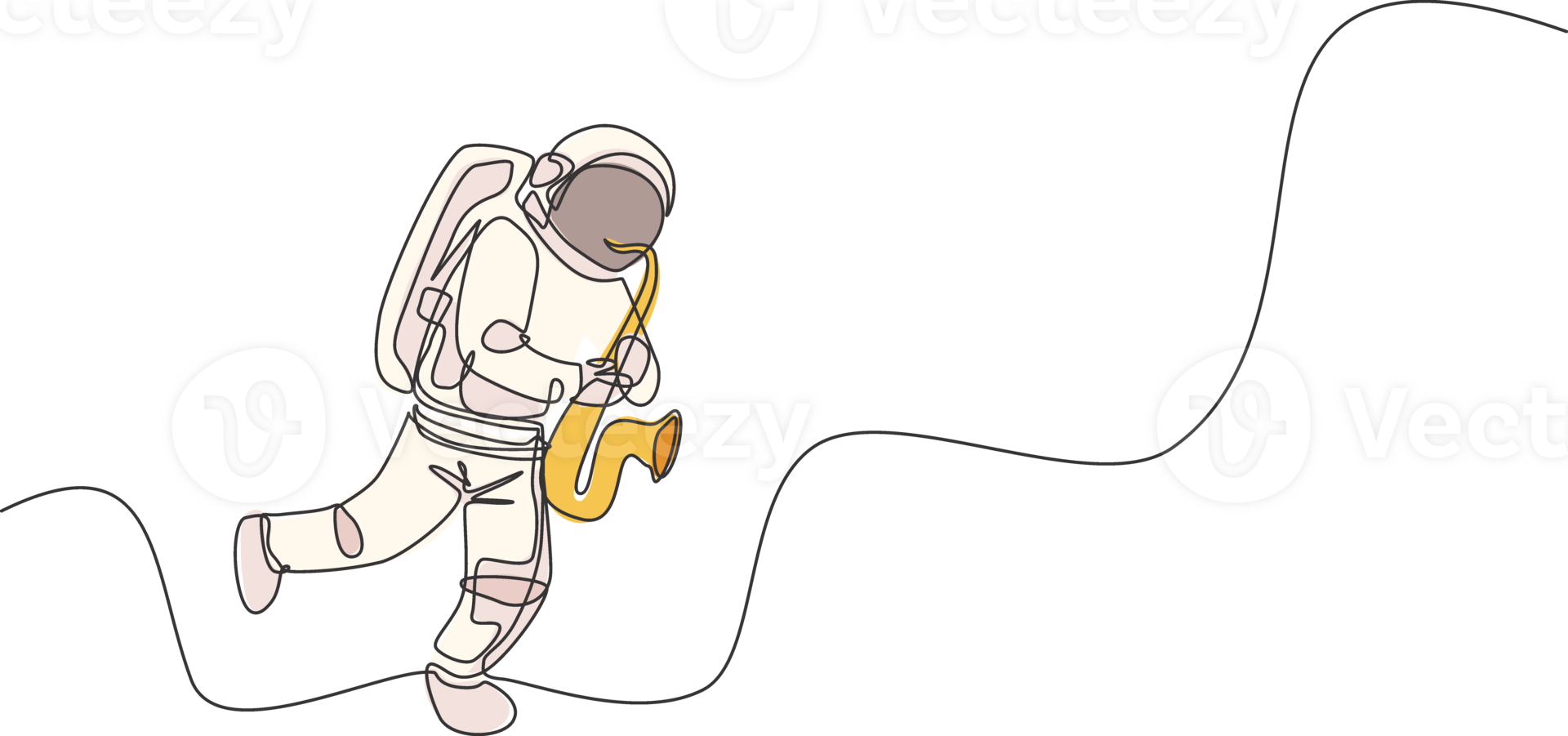 One continuous line drawing astronaut with spacesuit playing saxophone in galaxy universe. Outer space music concert and orchestra concept. Dynamic single line draw design graphic illustration png