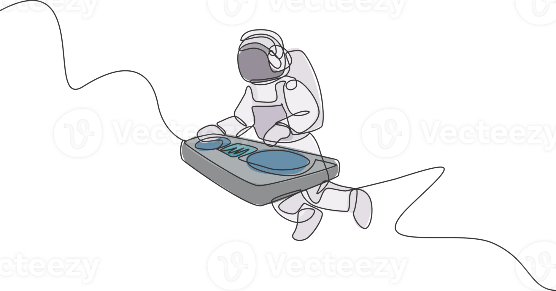 Single continuous line drawing of astronaut playing dj audio mixer musical instrument in cosmic galaxy. Outer space music concert concept. Trendy one line draw graphic design illustration png