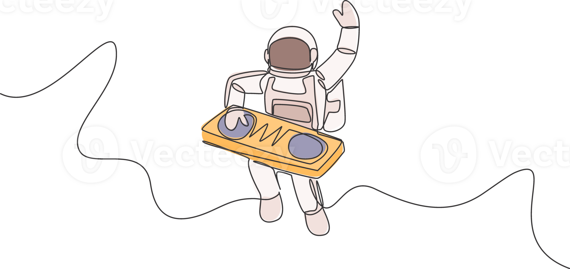 One single line drawing of spaceman playing mixer dj musical instrument in deep space illustration. Music concert poster with space astronaut concept. Modern continuous line graphic draw design png