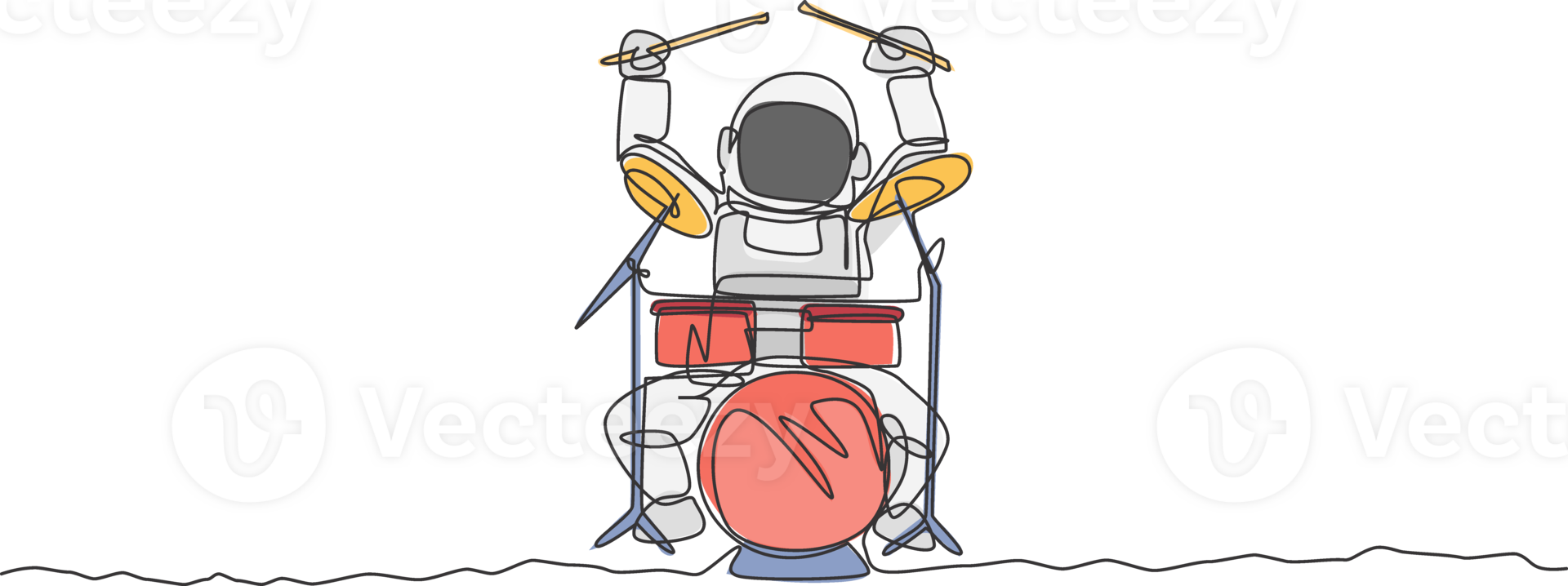 One continuous line drawing of astronaut drummer with spacesuit playing drum in moon surface. Outer space music concert concept. Dynamic single line draw design illustration graphic png