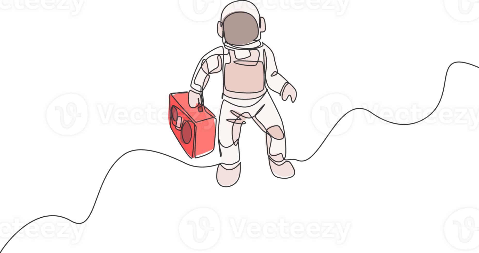 One single line drawing of spaceman flying and bringing retro radio in deep space graphic illustration. Music concert poster with space astronaut concept. Modern continuous line draw design png