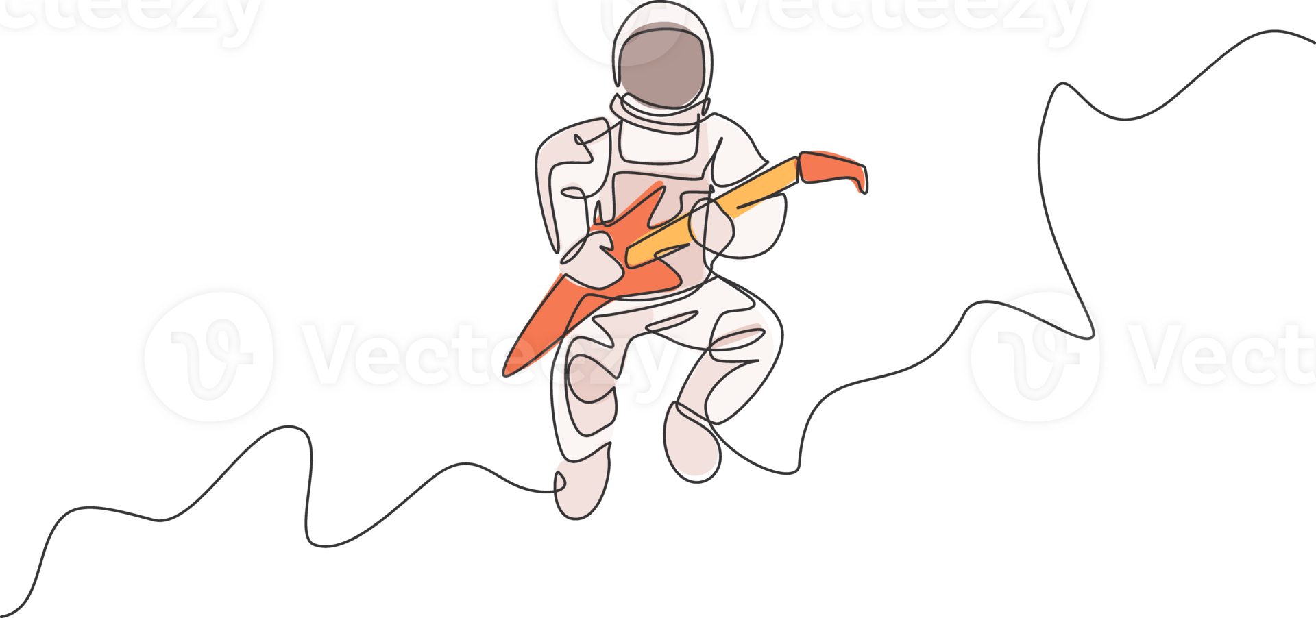 One continuous line drawing of astronaut with spacesuit playing electric guitar in galaxy universe. Outer space music concert concept. Dynamic single line draw graphic design illustration png