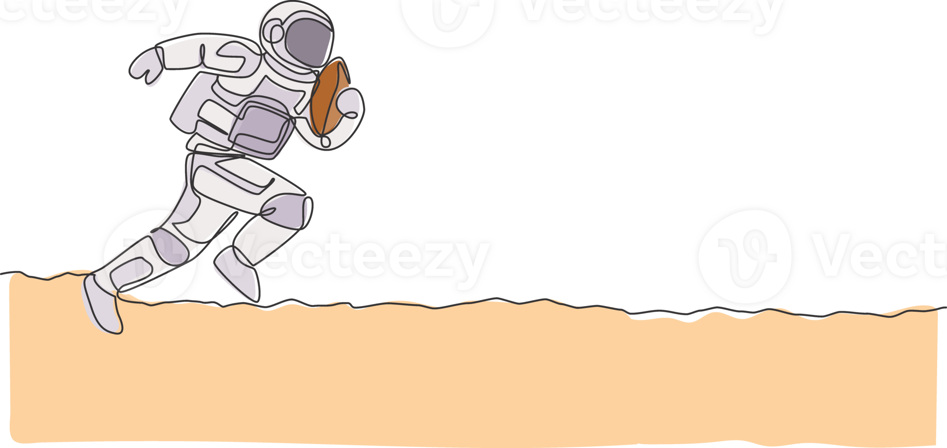 One continuous line drawing of astronaut practicing American football in deep space galaxy. Spaceman healthy fitness sport concept. Dynamic single line draw design illustration graphic png