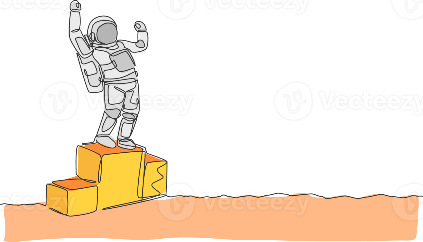 One continuous line drawing of astronaut standing on first place podium. Deep space galaxy. Spaceman healthy fitness sport concept. Dynamic single line draw design illustration graphic png