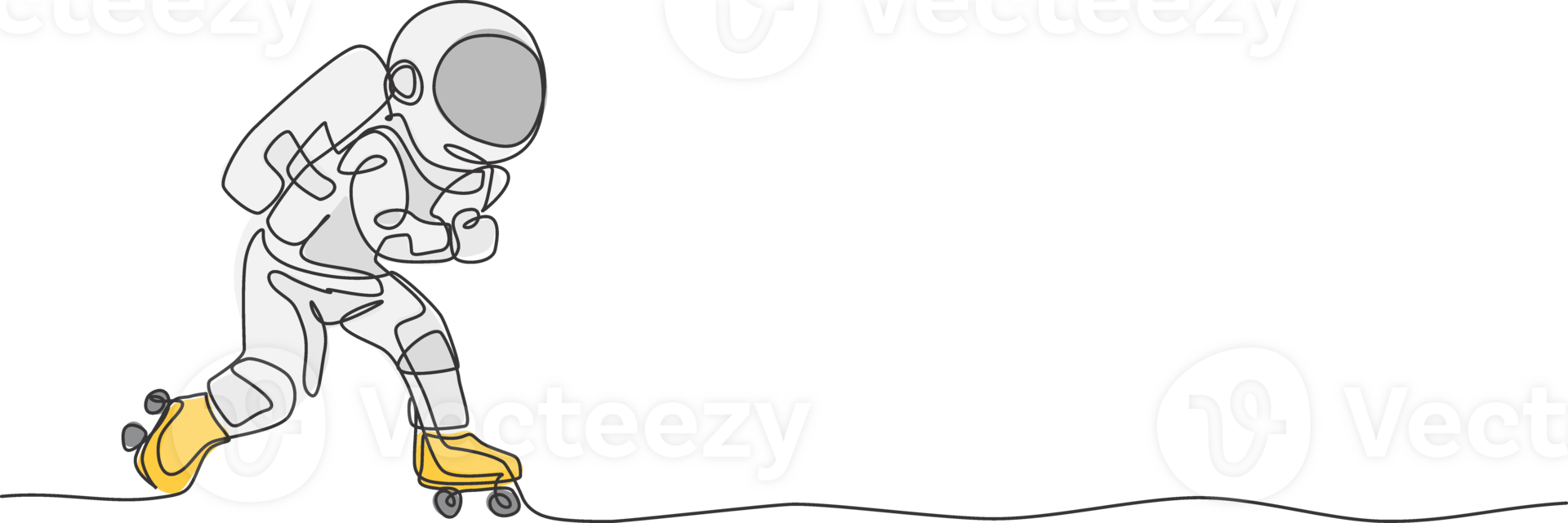 One continuous line drawing of astronaut using roller skates on moon surface, deep space galaxy. Spaceman healthy fitness sport concept. Dynamic single line draw design graphic illustration png