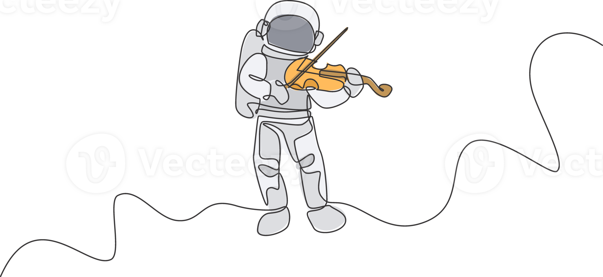 Single continuous line drawing of astronaut playing beauty violin musical instrument in cosmic galaxy. Outer space music concert concept. Trendy one line draw design illustration graphic png