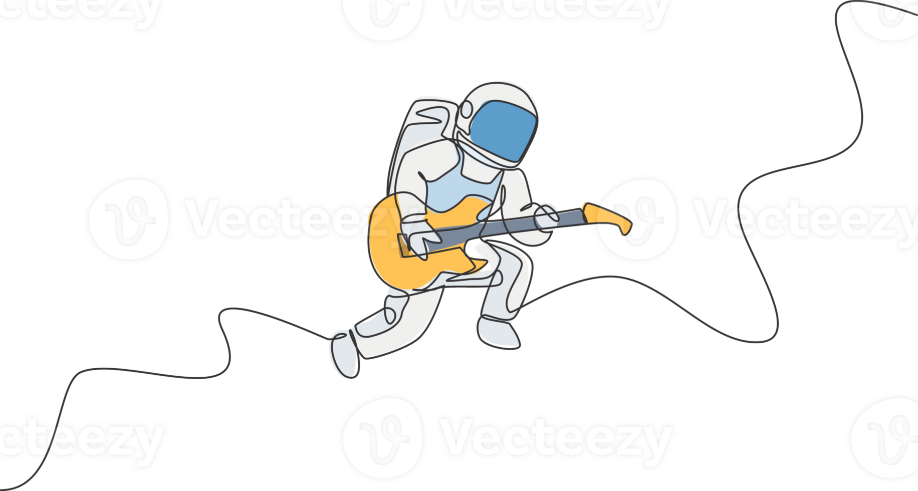 One continuous line drawing of astronaut with spacesuit playing acoustic guitar in galaxy universe. Outer space music concert concept. Dynamic single line draw design graphic illustration png