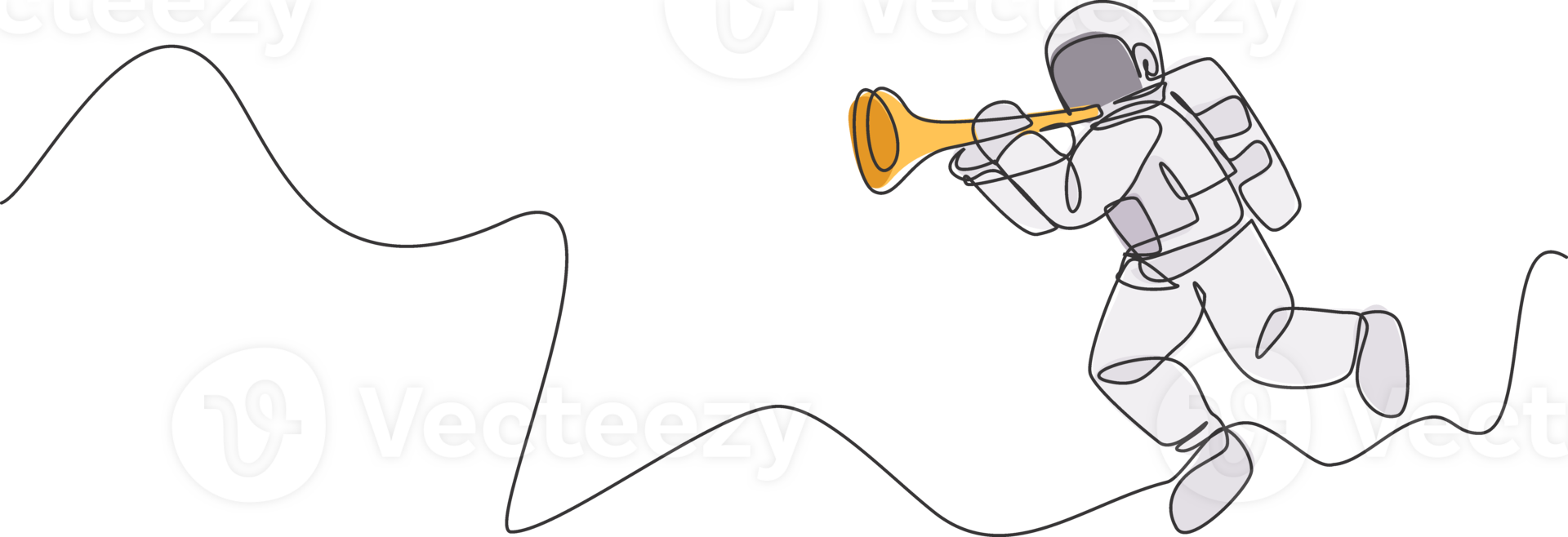 One continuous line drawing of astronaut with spacesuit playing trumpet in galaxy universe. Outer space music concert and orchestra concept. Dynamic single line draw design graphic illustration png