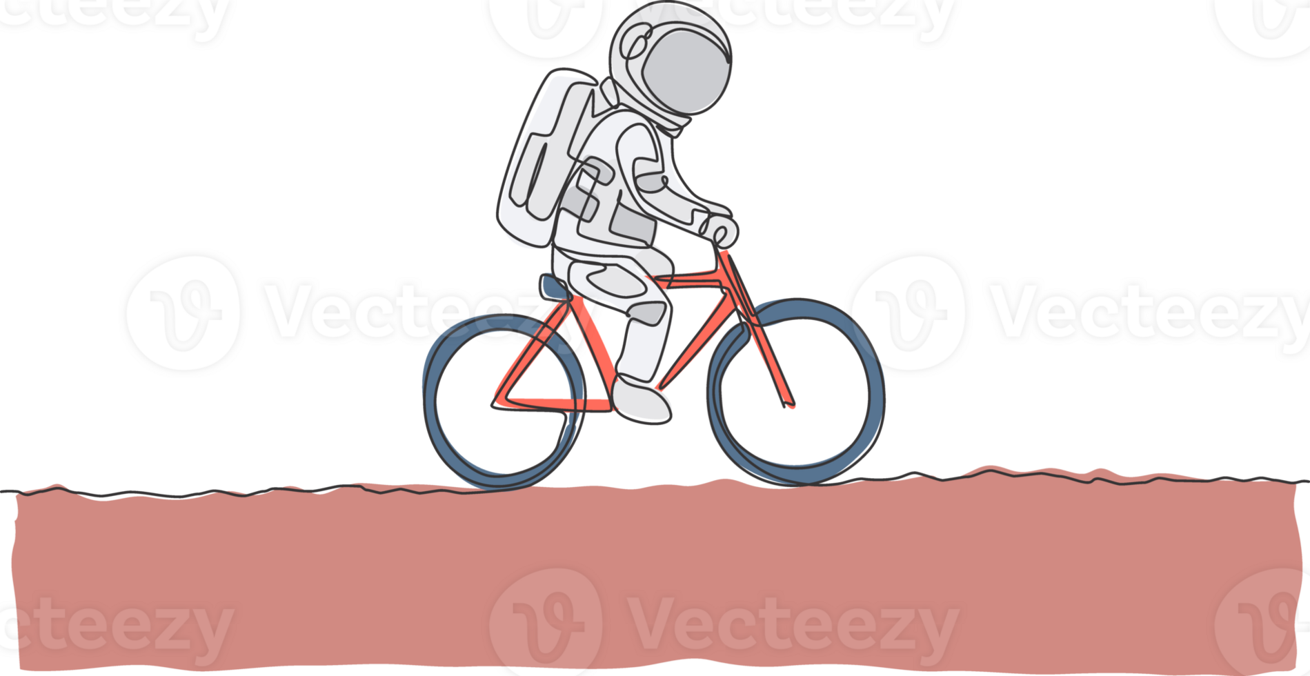 One single line drawing of spaceman astronaut riding bicycle on moon surface, cosmic galaxy illustration. Healthy space cosmonaut lifestyle sport concept. Modern continuous line draw design png