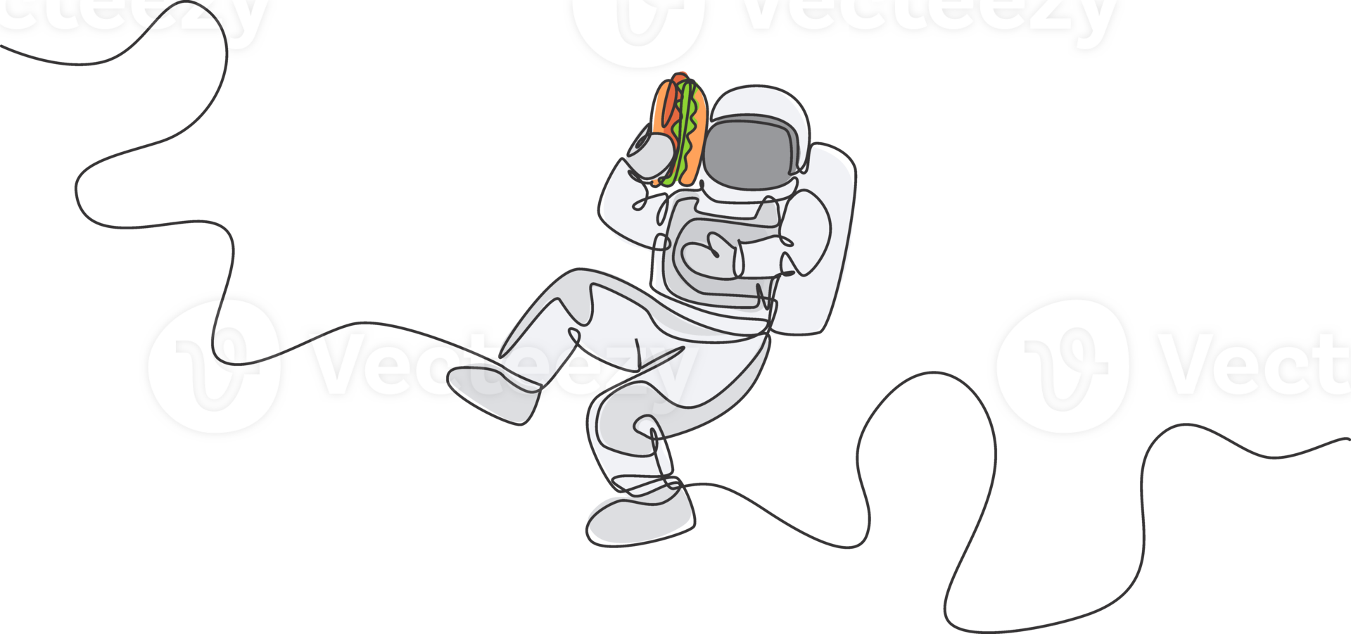 Single continuous line drawing of spaceman holding and eating delicious hot dog in nebula galaxy. Fantasy fiction of outer space life concept. Trendy one line draw graphic design illustration png