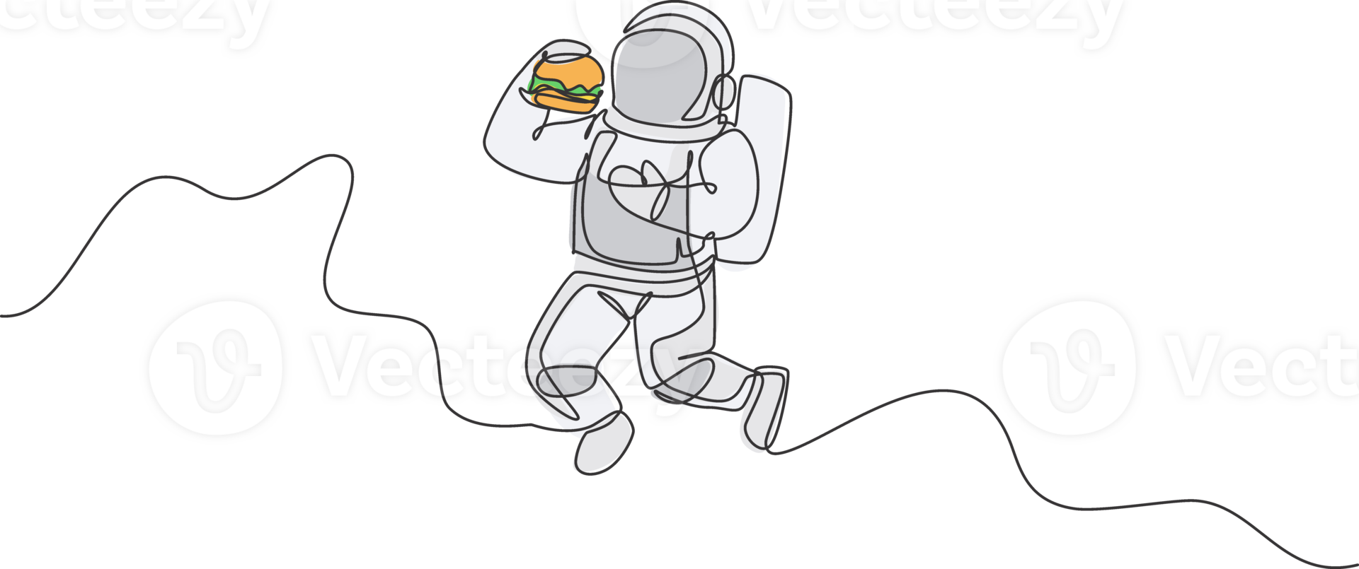 One continuous line drawing of cosmonaut eating fresh delicious burger in galactic universe. Fantasy outer space astronaut life concept. Dynamic single line draw design illustration graphic png