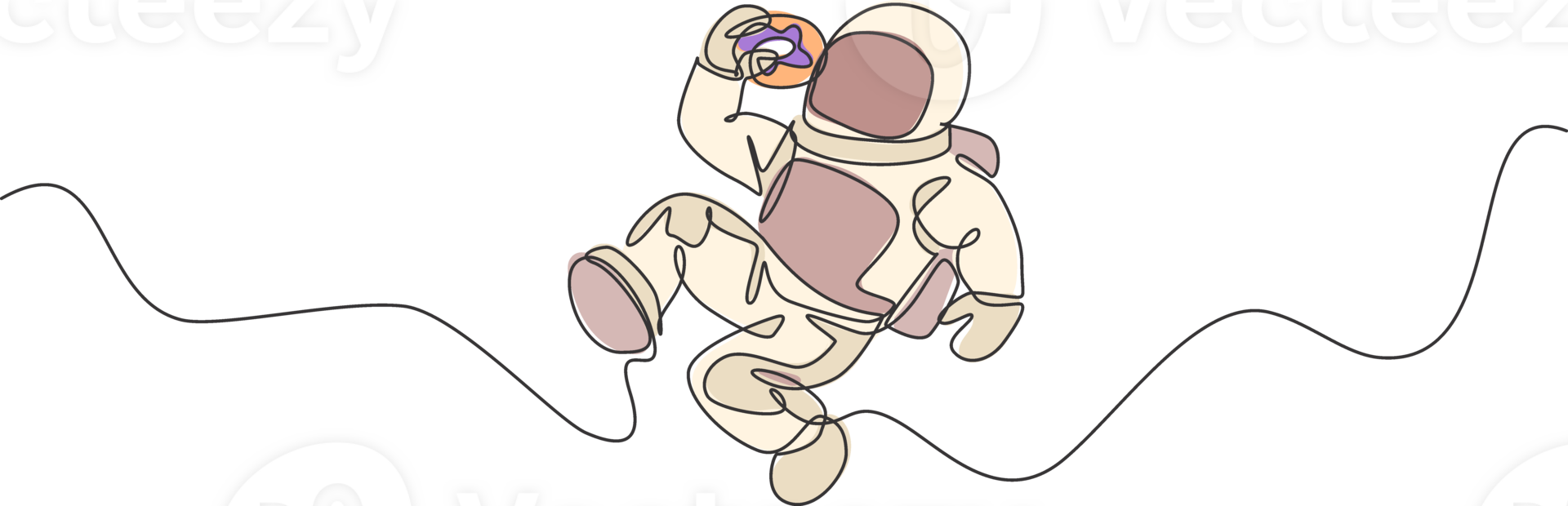 Single continuous line drawing of spaceman relaxing and eating sweet glazed donut in nebula galaxy. Fantasy fiction of outer space life concept. Trendy one line draw design graphic illustration png