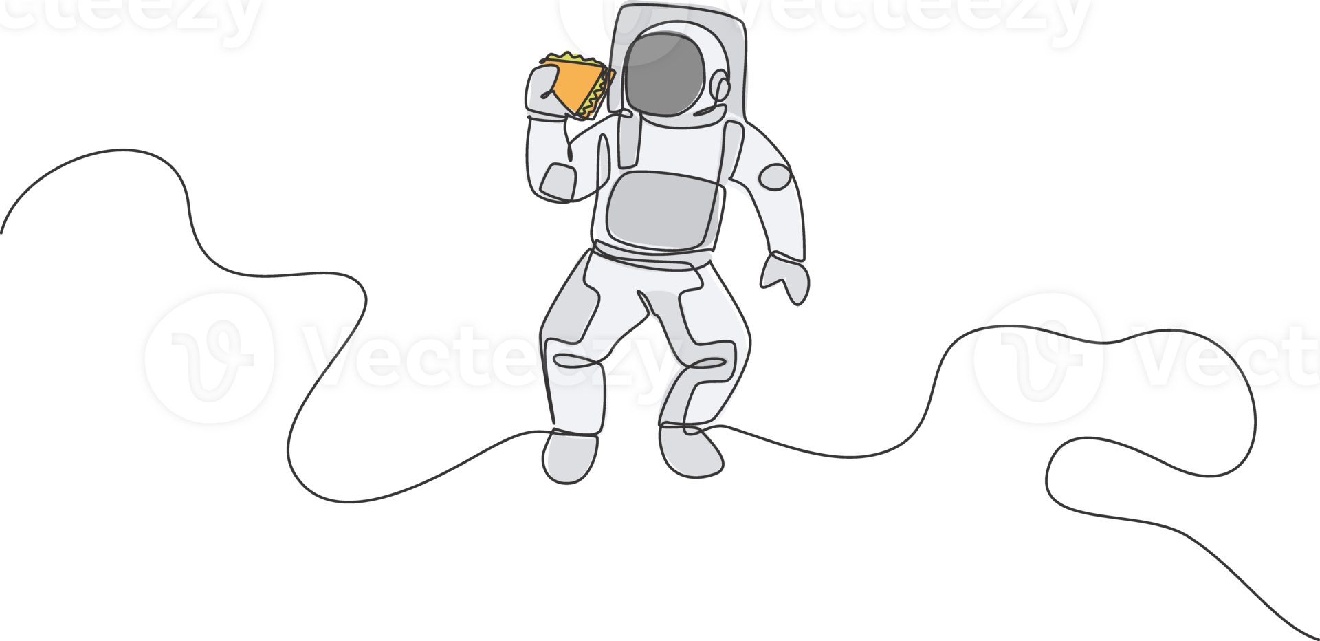 One single line drawing of astronaut flying in cosmos galaxy while eating fresh sandwich graphic illustration. Fantasy outer space life concept. Modern continuous line draw design png
