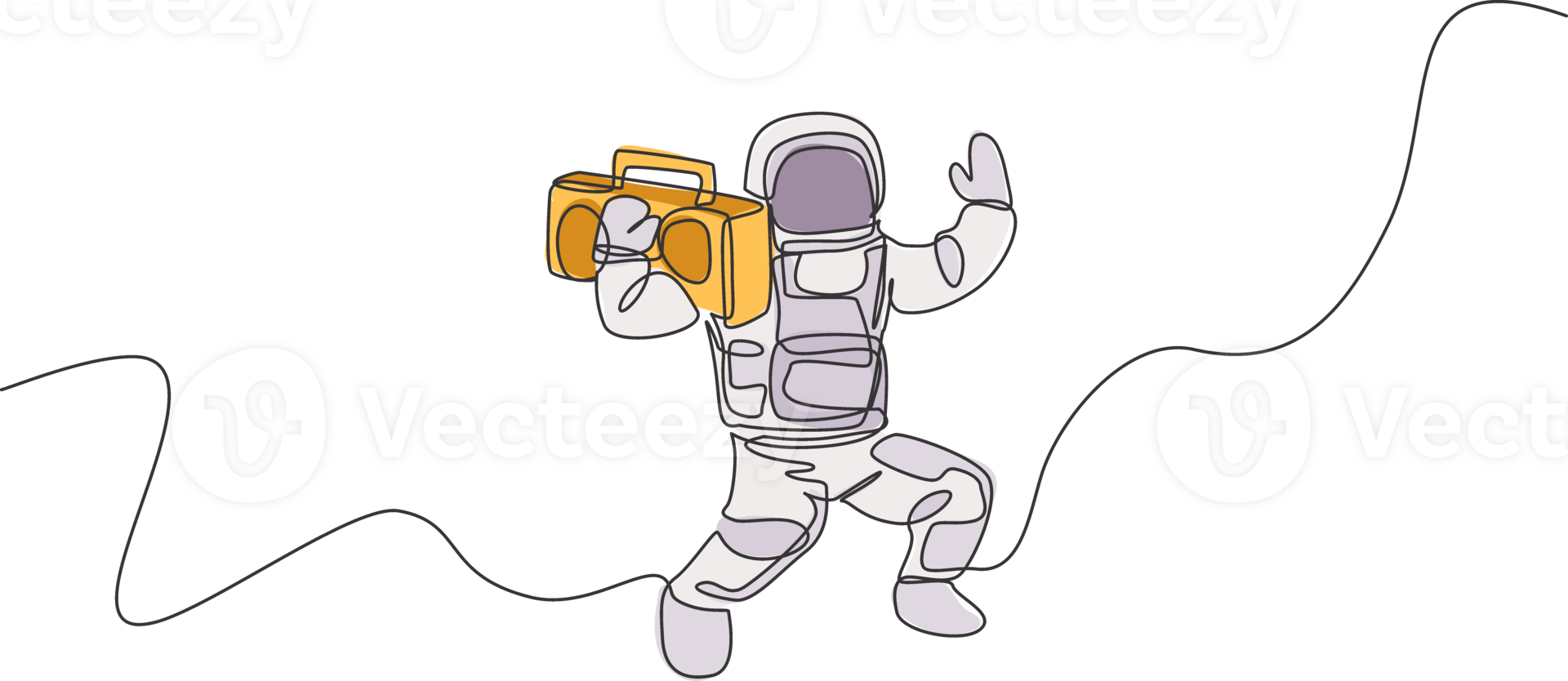 Single continuous line drawing of astronaut bringing vintage radio on shoulder in cosmic galaxy. Outer space music concert concept. Trendy one line draw design graphic illustration png