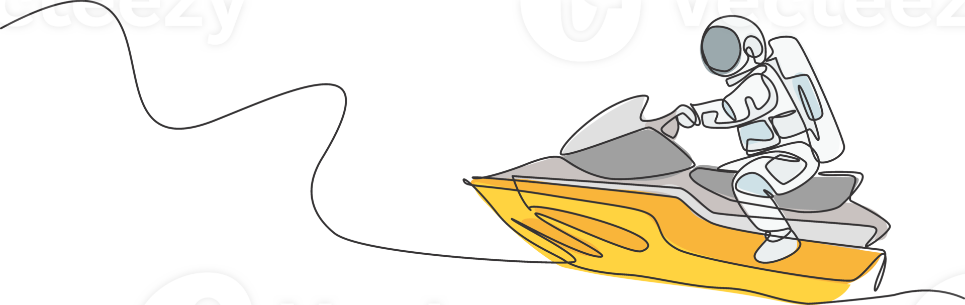 Single continuous line drawing of astronaut exercise jetski on moon surface, outer deep space. Space astronomy galaxy sport concept. Trendy one line draw graphic design illustration png