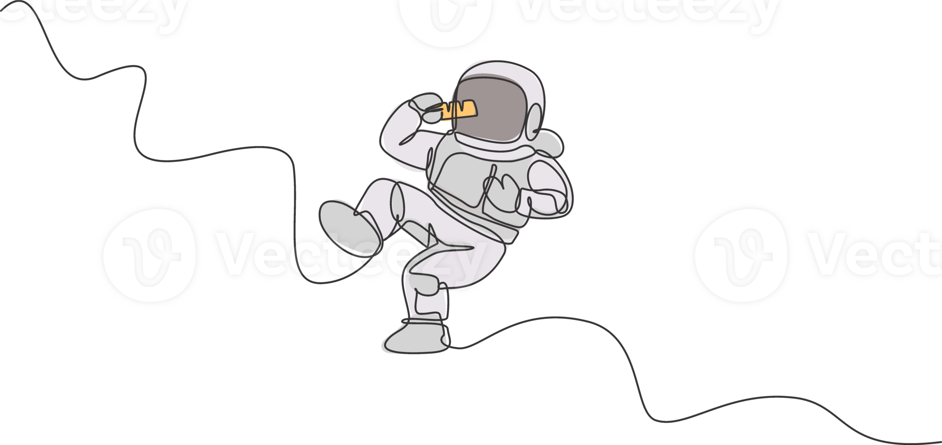 One continuous line drawing of cosmonaut eating sweet milk chocolate bar in galactic universe. Fantasy outer space astronaut life concept. Dynamic single line draw graphic design illustration png