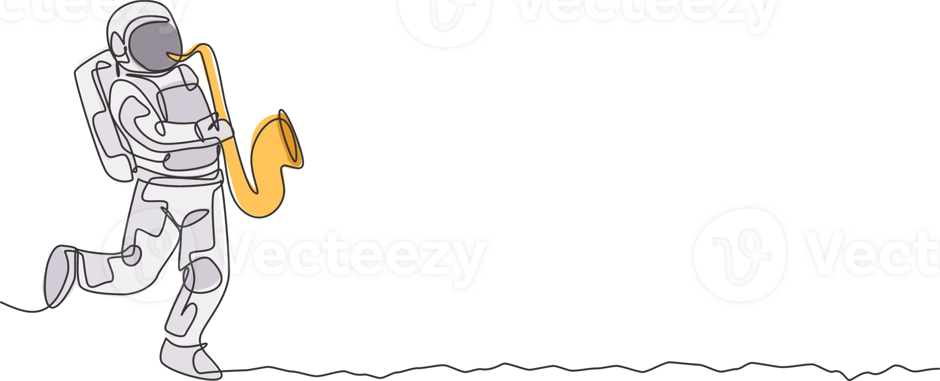 Single continuous line drawing of astronaut playing saxophone musical instrument in moon surface