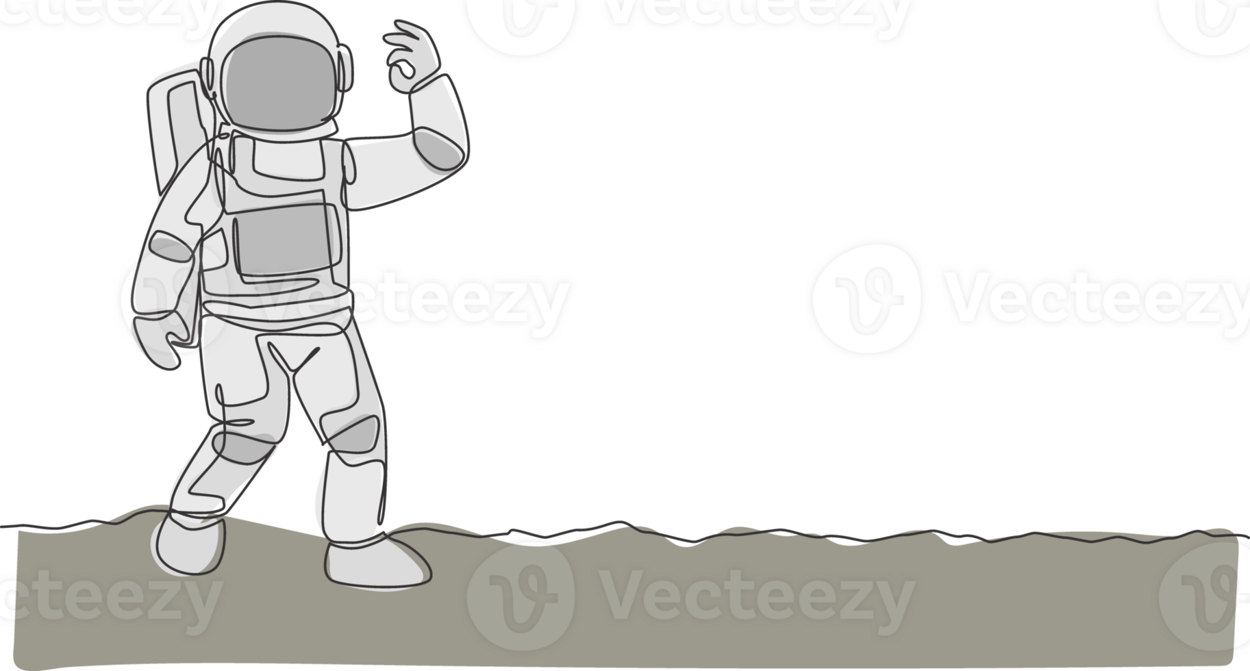 een single lijn tekening kosmonaut maken Oke gebaar met zijn vingers in maan oppervlakte grafisch illustratie. astronaut bedrijf kantoor met buitenste ruimte concept. modern doorlopend lijn trek ontwerp png