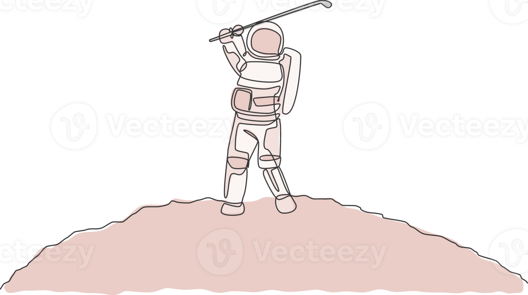 One continuous line drawing of astronaut golf training on moon surface, deep space galaxy. Spaceman healthy fitness sport concept. Dynamic single line draw design graphic illustration png