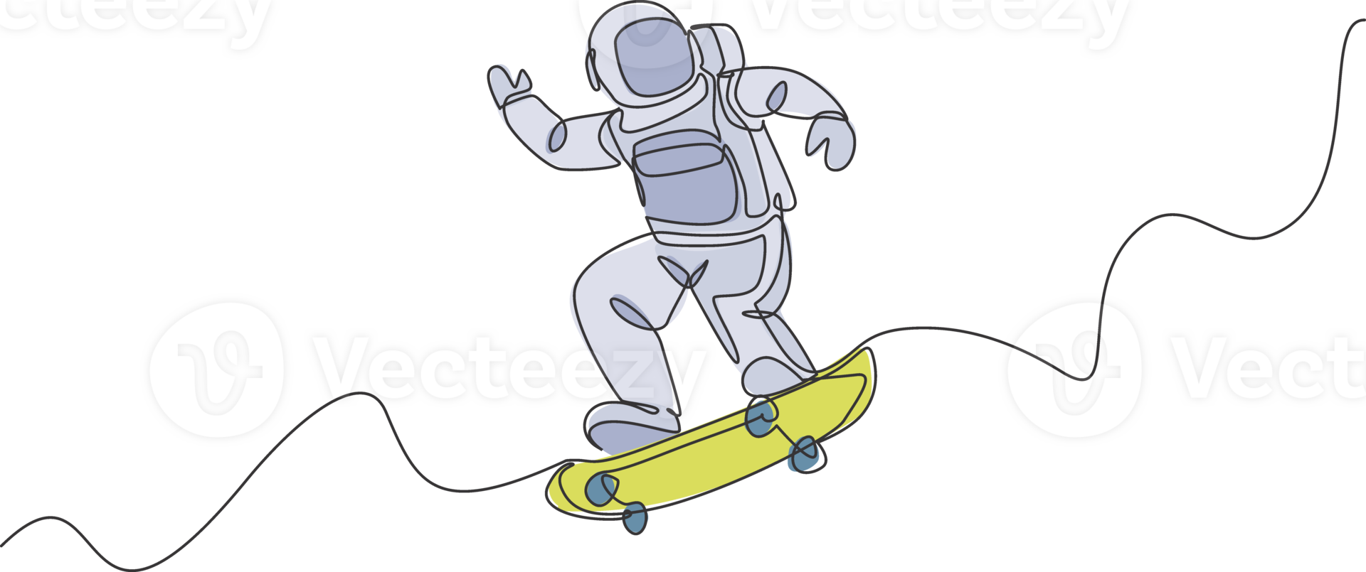 Single continuous line drawing of astronaut riding skateboard on moon surface, outer deep space. Space astronomy galaxy sport concept. Trendy one line draw design illustration graphic png