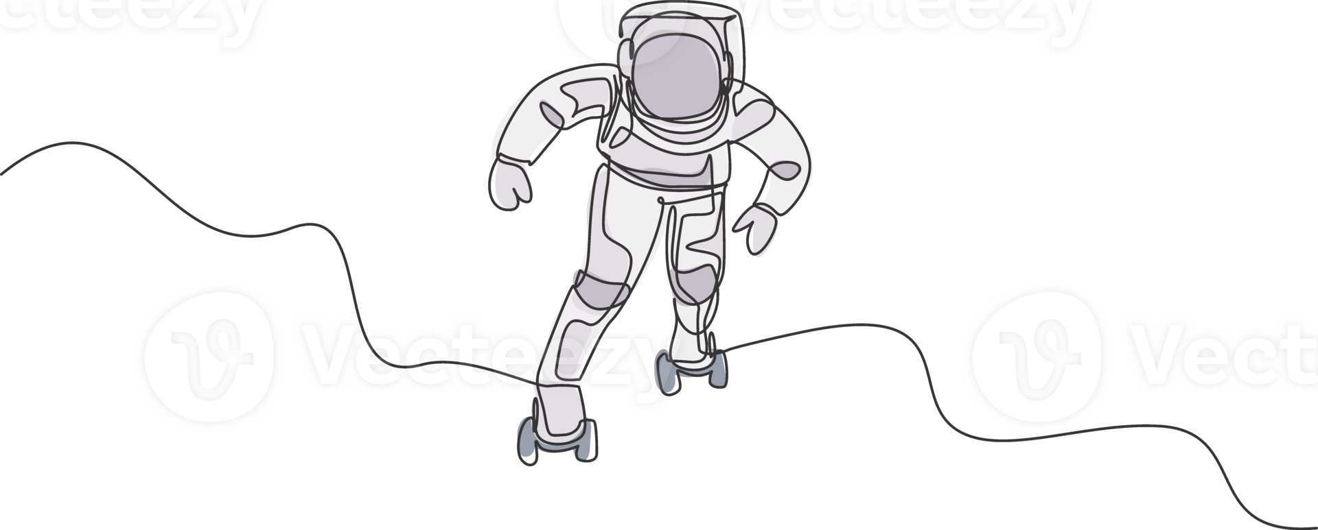 Single continuous line drawing of astronaut exercising on roller skates on moon surface, deep space. Space astronomy galaxy sport concept. Trendy one line draw graphic design illustration png