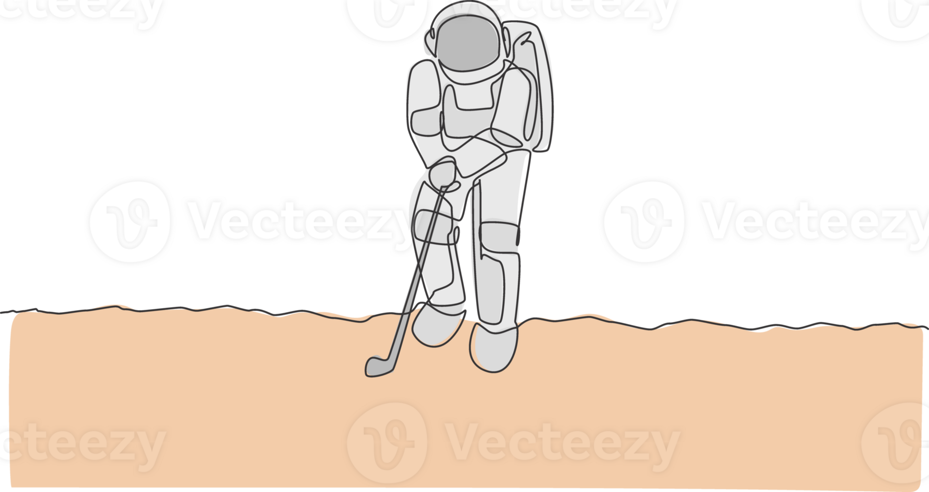 One single line drawing of spaceman astronaut practicing golf on moon surface, cosmic galaxy illustration. Healthy space cosmonaut lifestyle sport concept. Modern continuous line draw design png
