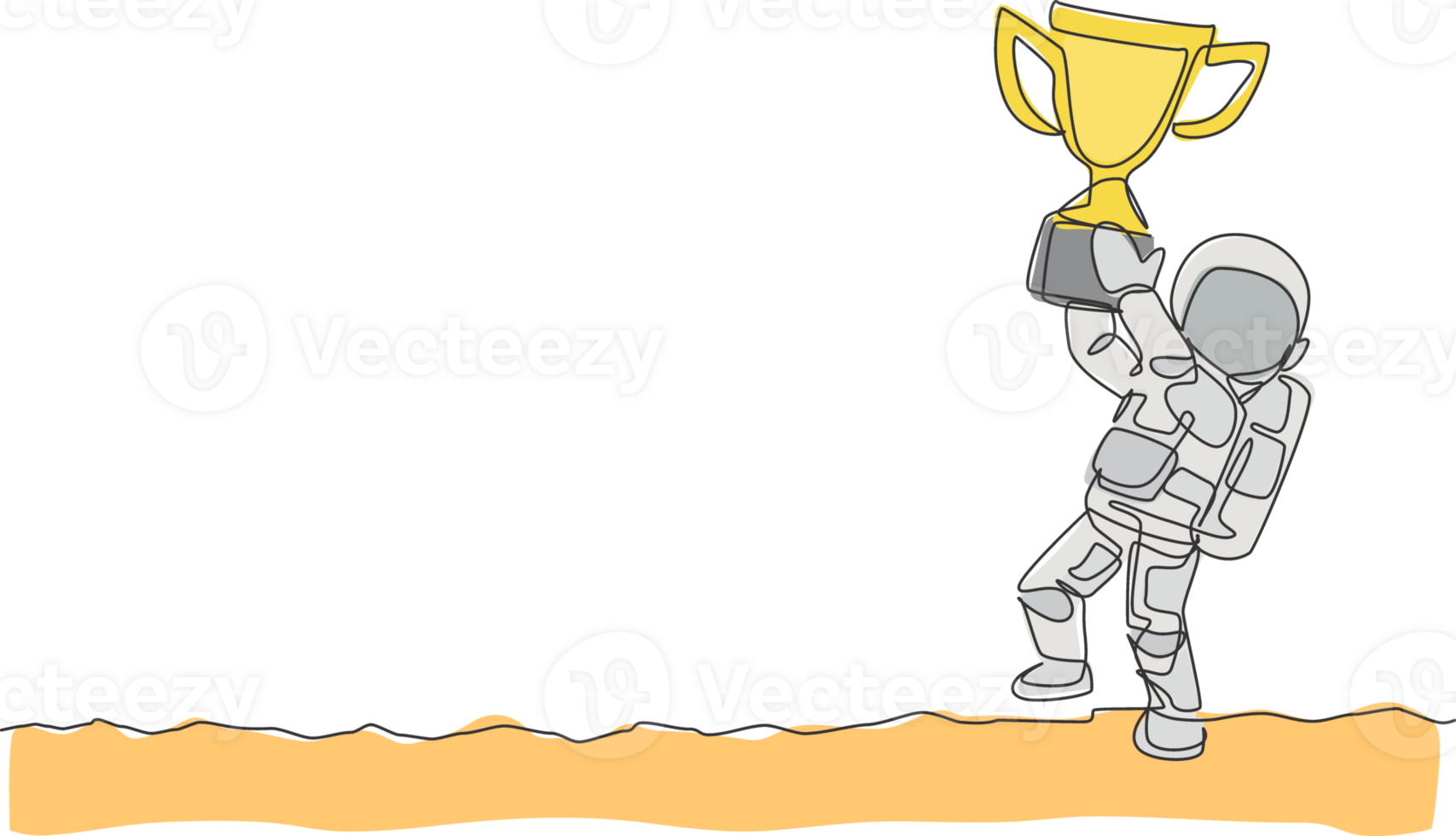 One single line drawing of spaceman astronaut holding winning trophy in cosmic galaxy illustration. Healthy outer space cosmonaut lifestyle sport concept. Modern continuous line draw design png