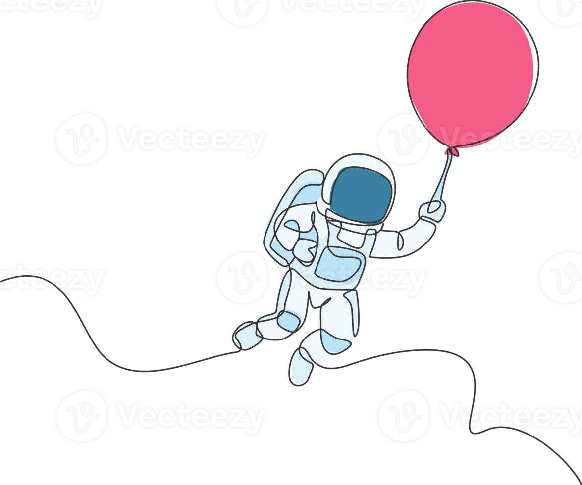 One single line drawing of space man astronaut exploring cosmic galaxy, flying with balloon graphic illustration. Fantasy outer space life fiction concept. Modern continuous line draw design png