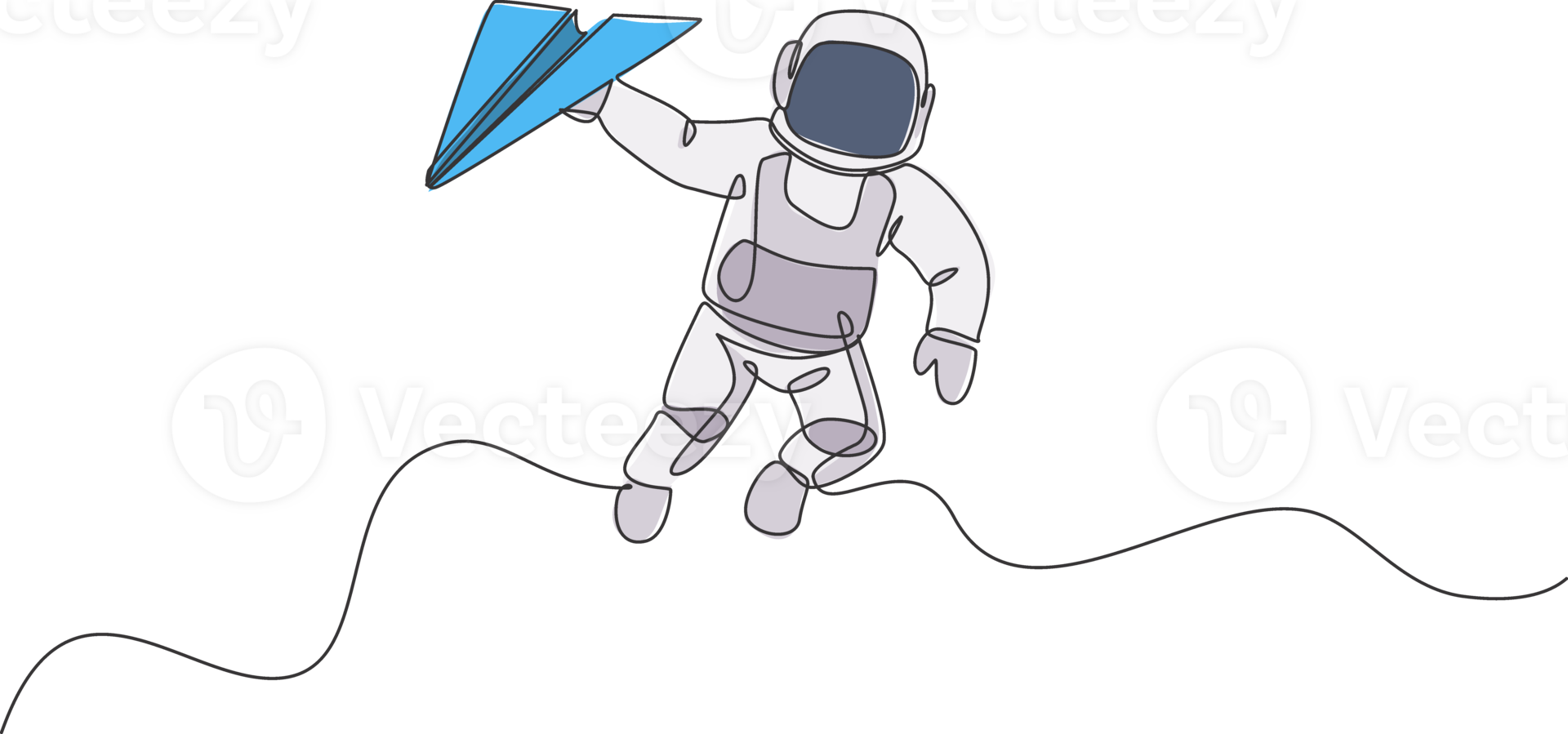One continuous line drawing of cosmonaut exploring outer space. Astronaut holding paper plane. Fantasy cosmic galaxy discovery concept. Dynamic single line draw design illustration graphic png